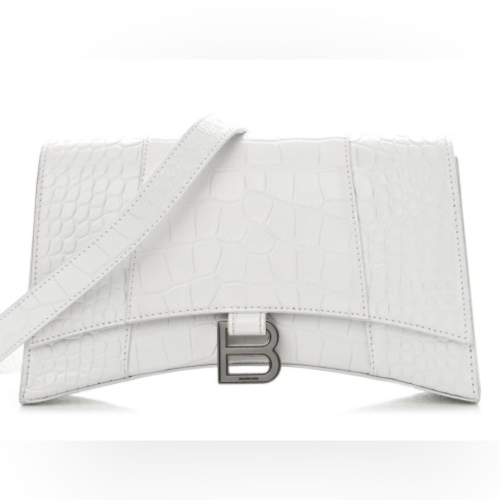 BALENCIAGA Calfskin Crocodile Embossed Small Hourglass Sling Shoulder Bag White
